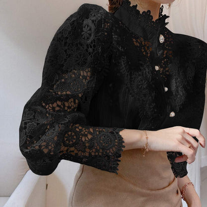 Tivy -  Elegant Lace Trim Shirts Casual Victorian Blouse Long Sleeve Button Down Tops