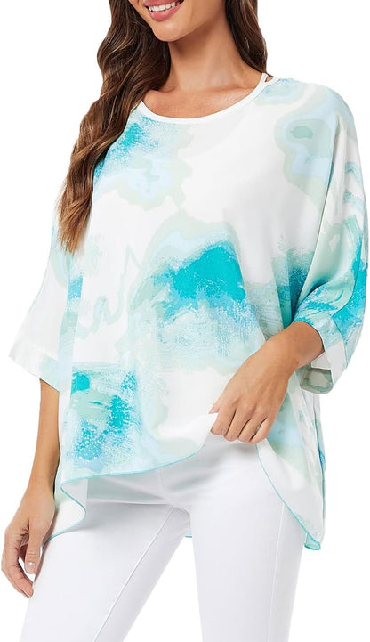 Joyce - Women's Sheer Floral Batwing Sleeve Oversized Off-Shoulder Tunic Blouse