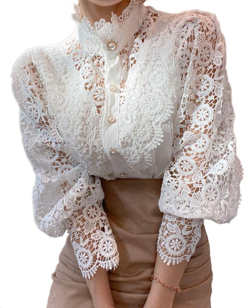 Tivy -  Elegant Lace Trim Shirts Casual Victorian Blouse Long Sleeve Button Down Tops