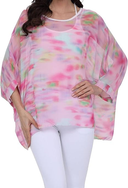 Joyce - Women's Sheer Floral Batwing Sleeve Oversized Off-Shoulder Tunic Blouse