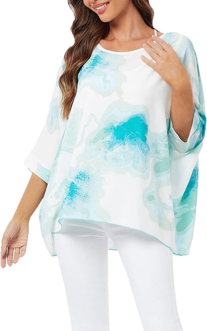 Joyce - Women's Sheer Floral Batwing Sleeve Oversized Off-Shoulder Tunic Blouse