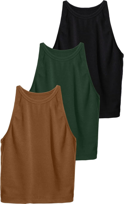 Leah - Set of 3 Women's Racerback Crop Tops - Cotton Workout Tanks for Fitness and Everyday Wear