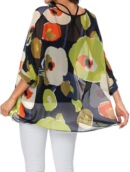 Joyce - Women's Sheer Floral Batwing Sleeve Oversized Off-Shoulder Tunic Blouse