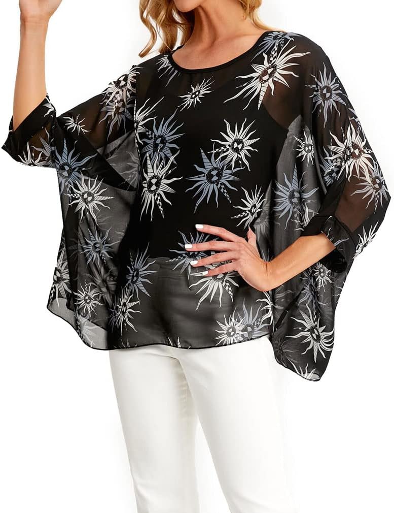 Josephine - Womens Floral Loose Batwing Sleeve Bohemian Sheer Chiffon Oversize Off Shoulder Blouse Tunic Tops