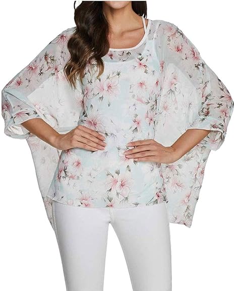 Joyce - Women's Sheer Floral Batwing Sleeve Oversized Off-Shoulder Tunic Blouse