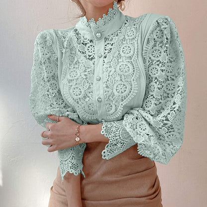 Tivy -  Elegant Lace Trim Shirts Casual Victorian Blouse Long Sleeve Button Down Tops