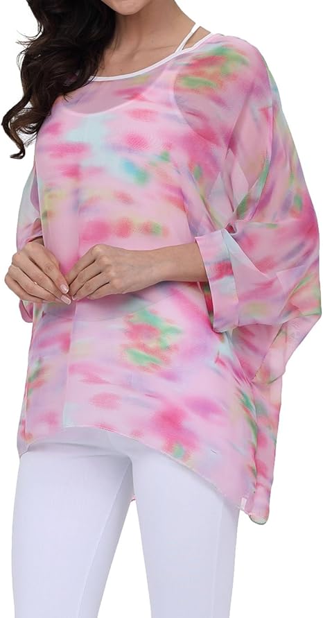 Joyce - Women's Sheer Floral Batwing Sleeve Oversized Off-Shoulder Tunic Blouse