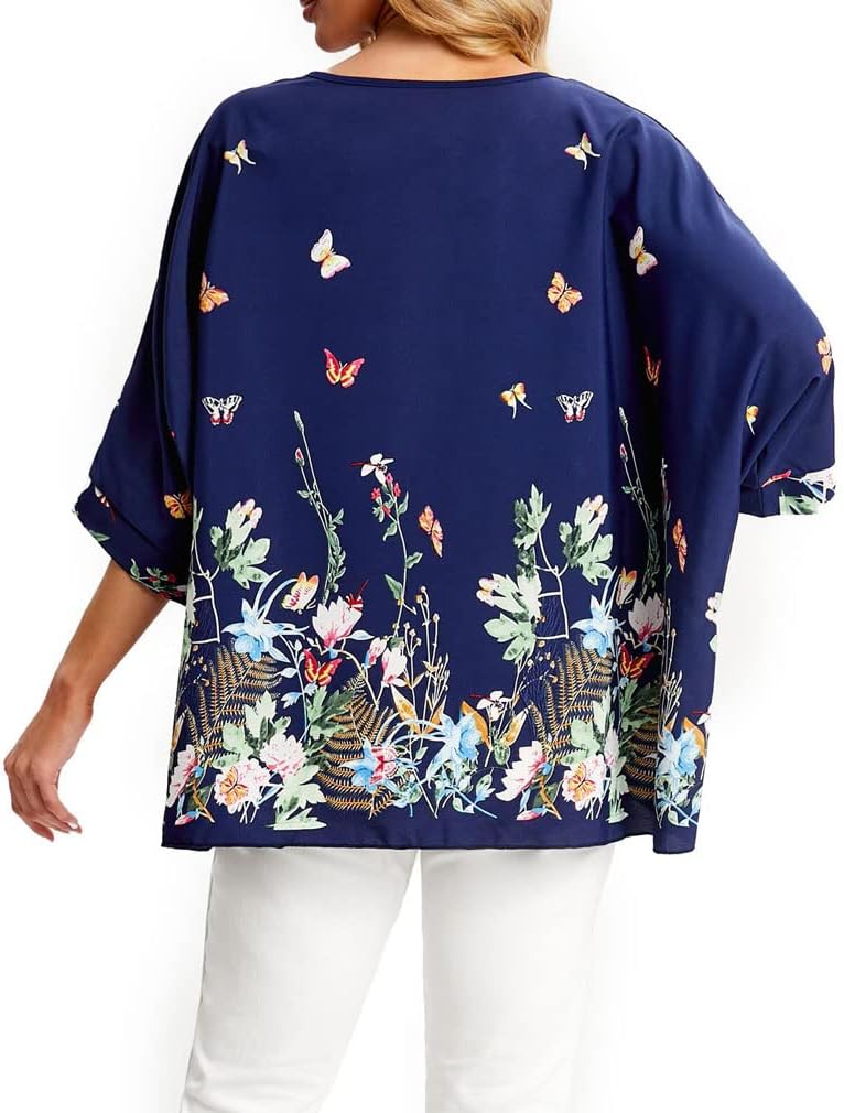 Joyce - Women's Sheer Floral Batwing Sleeve Oversized Off-Shoulder Tunic Blouse