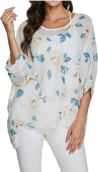 Josephine - Womens Floral Loose Batwing Sleeve Bohemian Sheer Chiffon Oversize Off Shoulder Blouse Tunic Tops