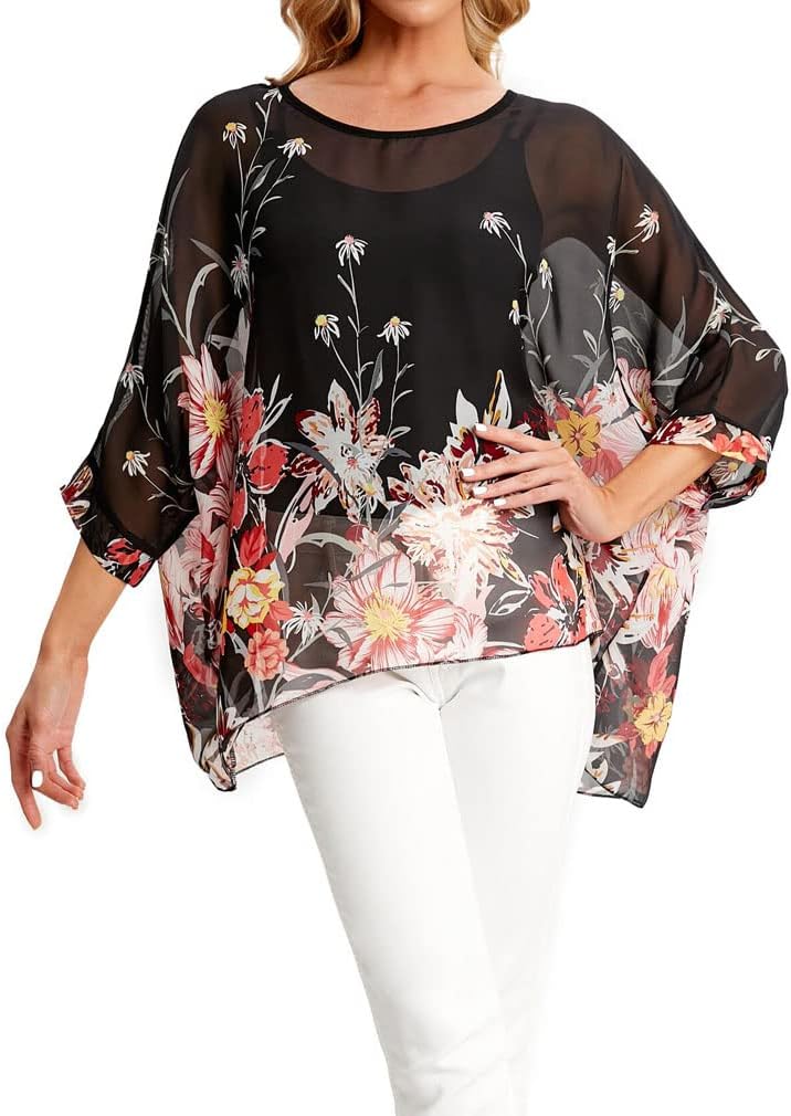 Joyce - Women's Sheer Floral Batwing Sleeve Oversized Off-Shoulder Tunic Blouse