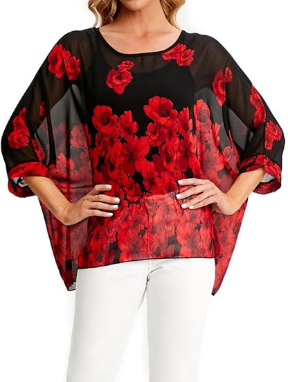 Josephine - Womens Floral Loose Batwing Sleeve Bohemian Sheer Chiffon Oversize Off Shoulder Blouse Tunic Tops