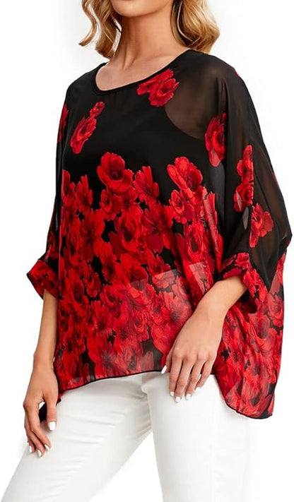 Josephine - Womens Floral Loose Batwing Sleeve Bohemian Sheer Chiffon Oversize Off Shoulder Blouse Tunic Tops