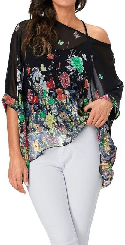 Josephine - Womens Floral Loose Batwing Sleeve Bohemian Sheer Chiffon Oversize Off Shoulder Blouse Tunic Tops