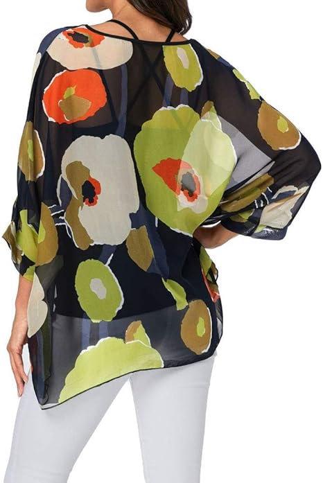 Joyce - Women's Sheer Floral Batwing Sleeve Oversized Off-Shoulder Tunic Blouse