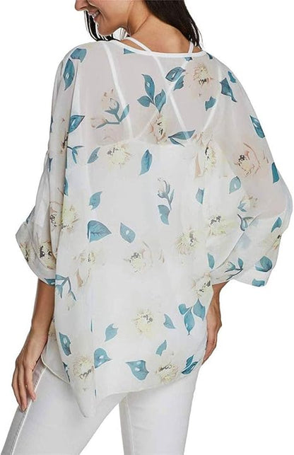 Josephine - Womens Floral Loose Batwing Sleeve Bohemian Sheer Chiffon Oversize Off Shoulder Blouse Tunic Tops