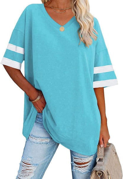 Beverley - Casual Oversized T Shirts Short Sleeve V Neck Basic Plain Cotton Tee Tops.