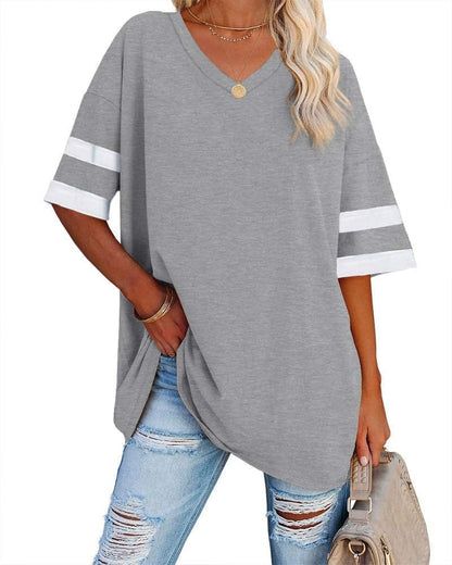 Beverley - Casual Oversized T Shirts Short Sleeve V Neck Basic Plain Cotton Tee Tops.