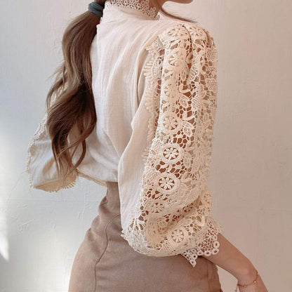 Tivy -  Elegant Lace Trim Shirts Casual Victorian Blouse Long Sleeve Button Down Tops