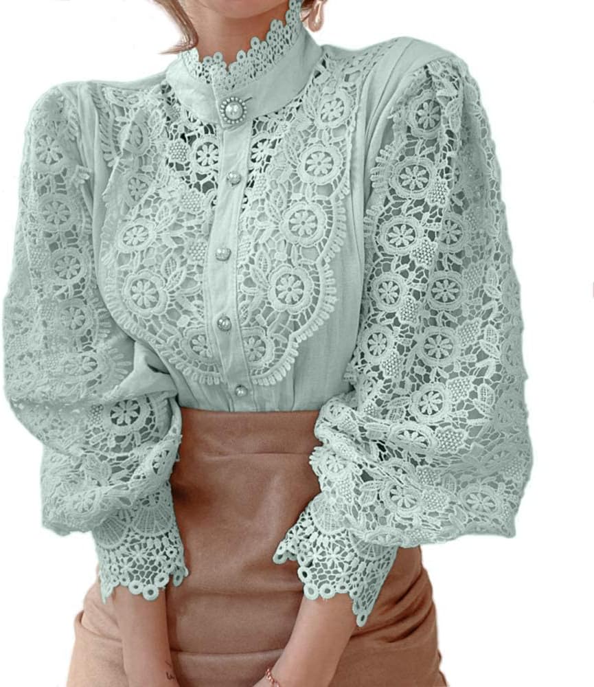 Tivy -  Elegant Lace Trim Shirts Casual Victorian Blouse Long Sleeve Button Down Tops