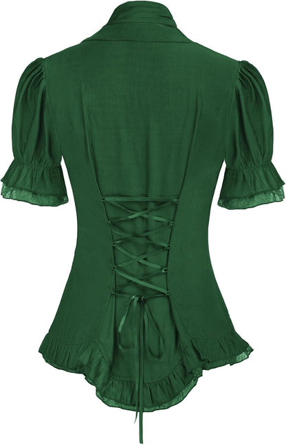 Sandra - Gothic Victorian Women's Lace-Up Blouse with Puff Sleeves and V-Neck Design