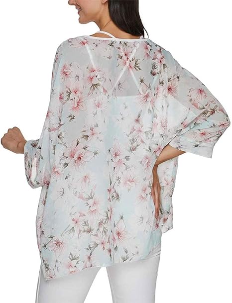 Joyce - Women's Sheer Floral Batwing Sleeve Oversized Off-Shoulder Tunic Blouse