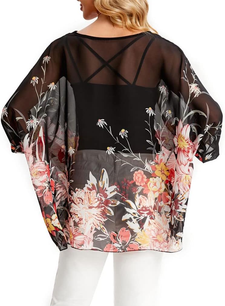 Joyce - Women's Sheer Floral Batwing Sleeve Oversized Off-Shoulder Tunic Blouse