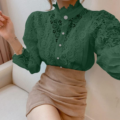 Tivy -  Elegant Lace Trim Shirts Casual Victorian Blouse Long Sleeve Button Down Tops