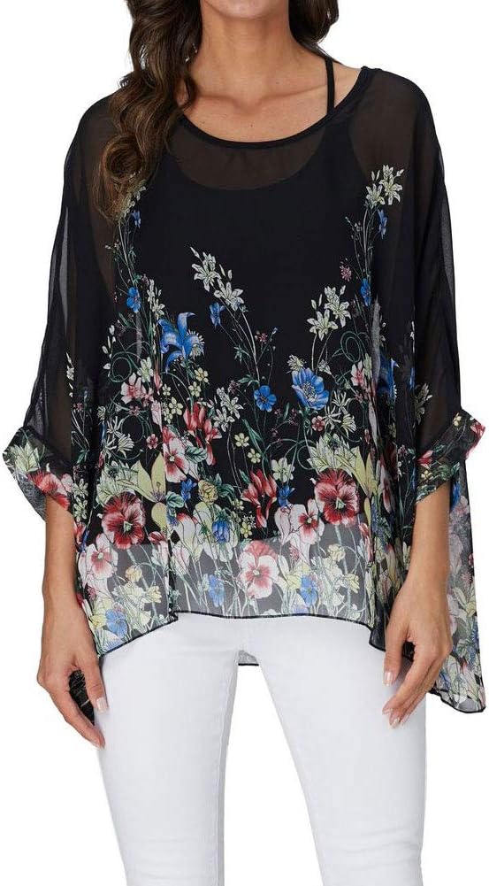 Josephine - Womens Floral Loose Batwing Sleeve Bohemian Sheer Chiffon Oversize Off Shoulder Blouse Tunic Tops