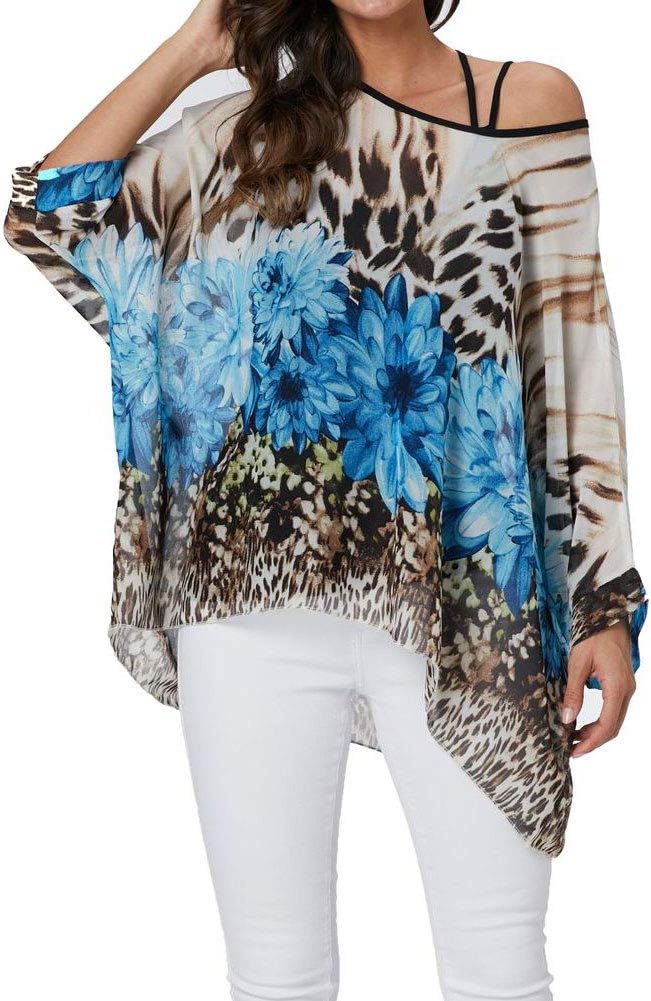 Josephine - Womens Floral Loose Batwing Sleeve Bohemian Sheer Chiffon Oversize Off Shoulder Blouse Tunic Tops