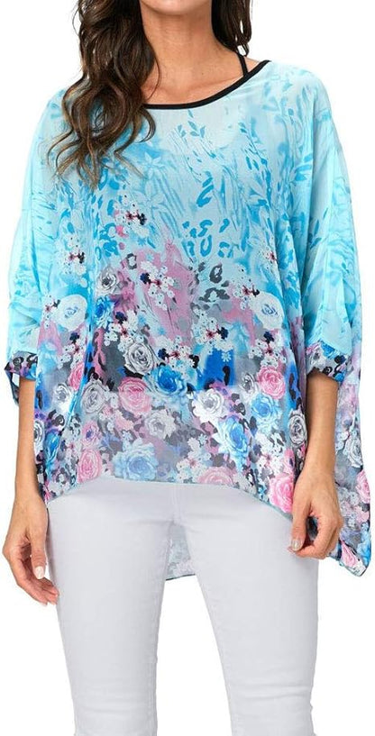 Josephine - Womens Floral Loose Batwing Sleeve Bohemian Sheer Chiffon Oversize Off Shoulder Blouse Tunic Tops