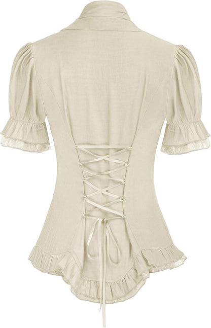 Sandra - Gothic Victorian Women's Lace-Up Blouse with Puff Sleeves and V-Neck Design