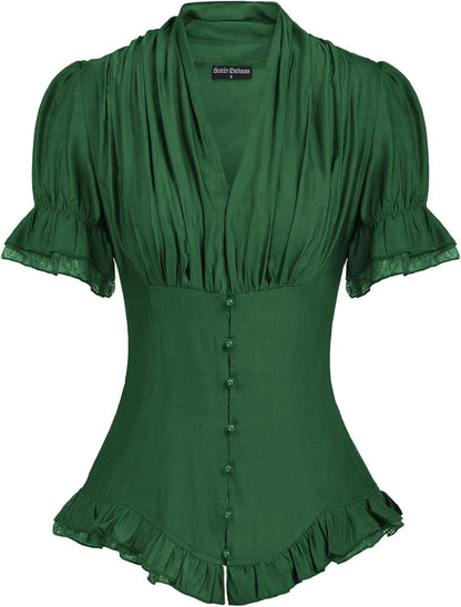 Sandra - Gothic Victorian Women's Lace-Up Blouse with Puff Sleeves and V-Neck Design