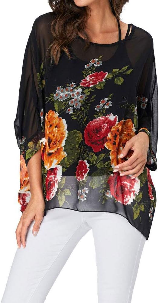 Josephine - Womens Floral Loose Batwing Sleeve Bohemian Sheer Chiffon Oversize Off Shoulder Blouse Tunic Tops