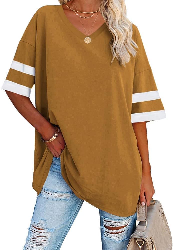 Beverley - Casual Oversized T Shirts Short Sleeve V Neck Basic Plain Cotton Tee Tops.