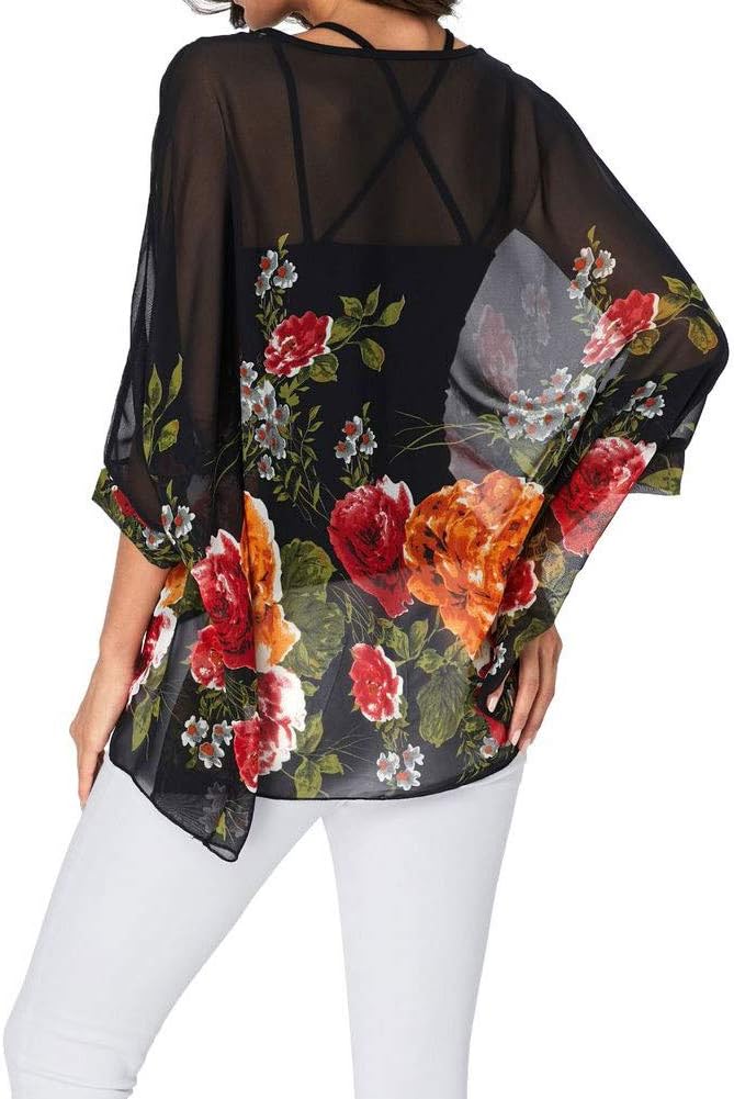 Josephine - Womens Floral Loose Batwing Sleeve Bohemian Sheer Chiffon Oversize Off Shoulder Blouse Tunic Tops