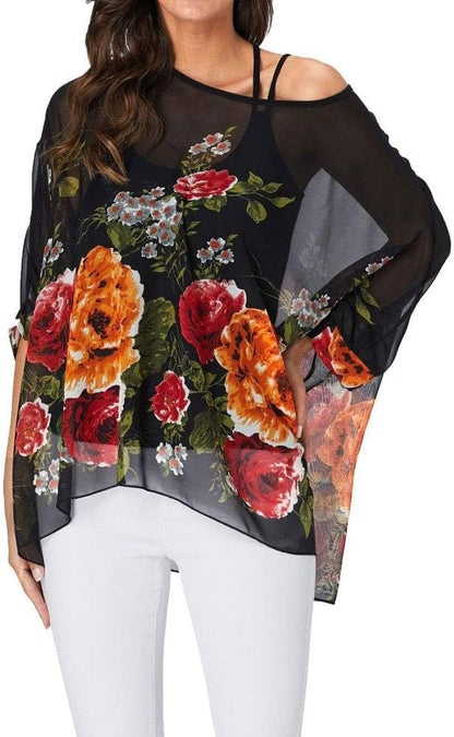 Josephine - Womens Floral Loose Batwing Sleeve Bohemian Sheer Chiffon Oversize Off Shoulder Blouse Tunic Tops