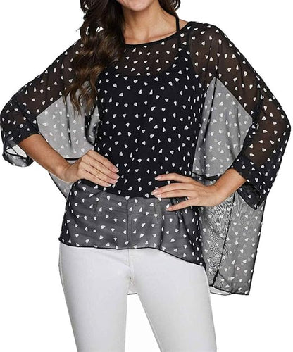 Joyce - Women's Sheer Floral Batwing Sleeve Oversized Off-Shoulder Tunic Blouse