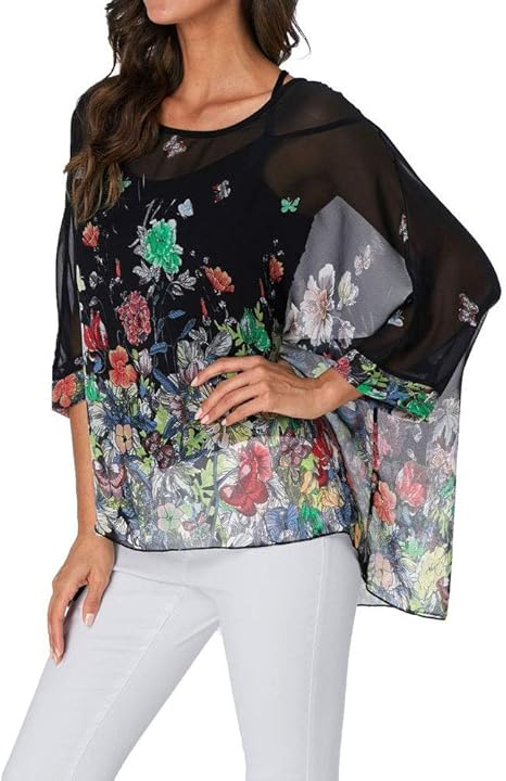 Josephine - Womens Floral Loose Batwing Sleeve Bohemian Sheer Chiffon Oversize Off Shoulder Blouse Tunic Tops