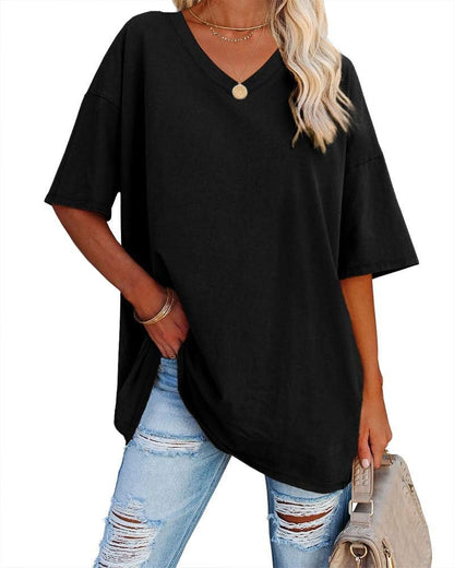 Beverley - Casual Oversized T Shirts Short Sleeve V Neck Basic Plain Cotton Tee Tops.