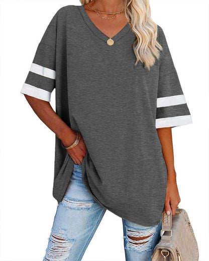 Beverley - Casual Oversized T Shirts Short Sleeve V Neck Basic Plain Cotton Tee Tops.