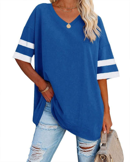 Beverley - Casual Oversized T Shirts Short Sleeve V Neck Basic Plain Cotton Tee Tops.