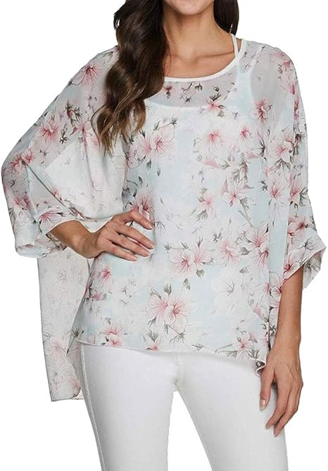 Joyce - Women's Sheer Floral Batwing Sleeve Oversized Off-Shoulder Tunic Blouse