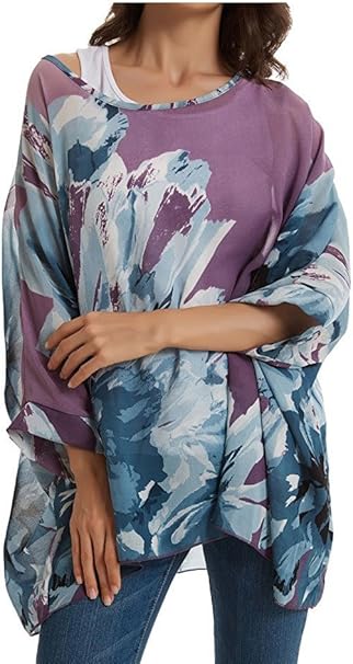 Josephine - Womens Floral Loose Batwing Sleeve Bohemian Sheer Chiffon Oversize Off Shoulder Blouse Tunic Tops