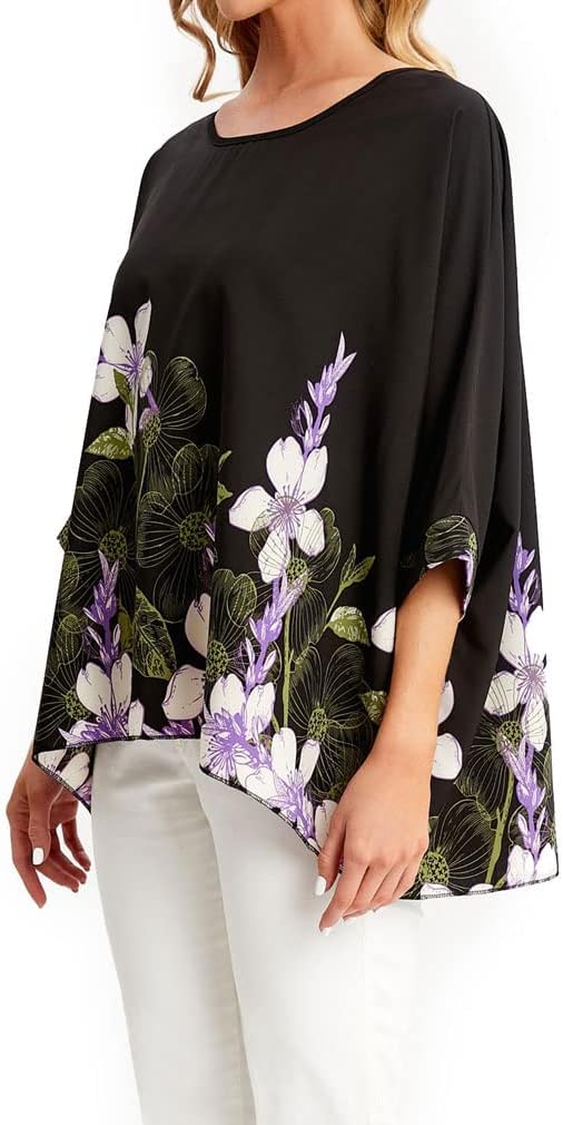 Joyce - Women's Sheer Floral Batwing Sleeve Oversized Off-Shoulder Tunic Blouse