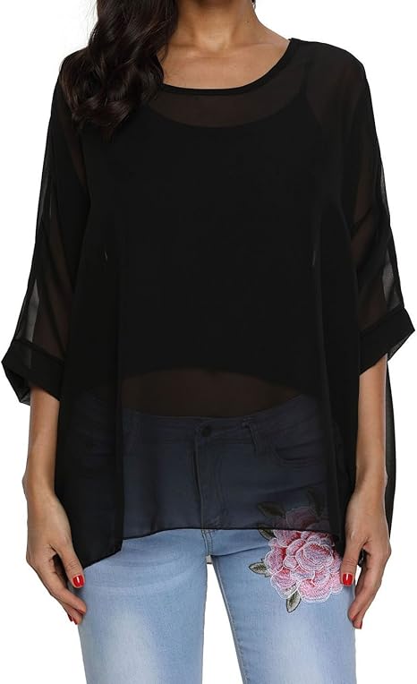 Joyce - Women's Sheer Floral Batwing Sleeve Oversized Off-Shoulder Tunic Blouse