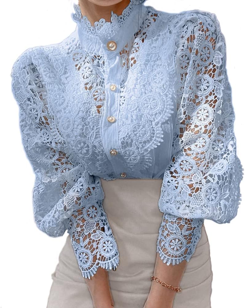 Tivy -  Elegant Lace Trim Shirts Casual Victorian Blouse Long Sleeve Button Down Tops