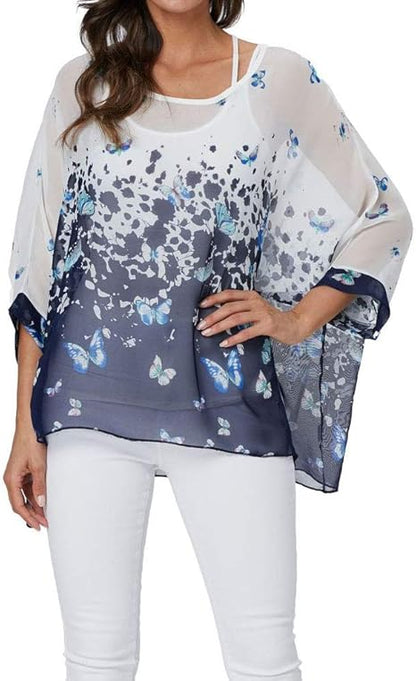 Josephine - Womens Floral Loose Batwing Sleeve Bohemian Sheer Chiffon Oversize Off Shoulder Blouse Tunic Tops