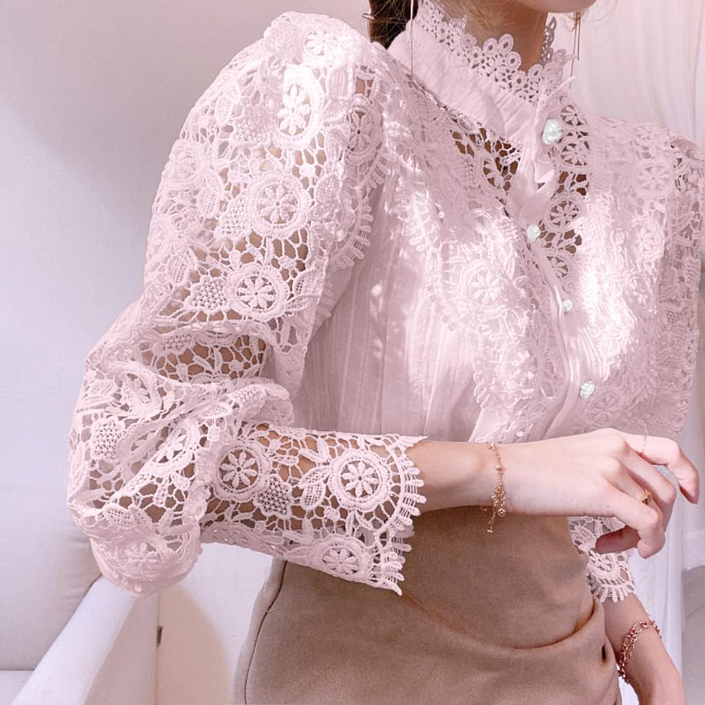 Tivy -  Elegant Lace Trim Shirts Casual Victorian Blouse Long Sleeve Button Down Tops