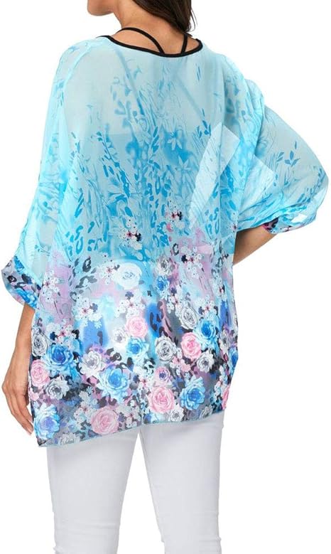 Josephine - Womens Floral Loose Batwing Sleeve Bohemian Sheer Chiffon Oversize Off Shoulder Blouse Tunic Tops