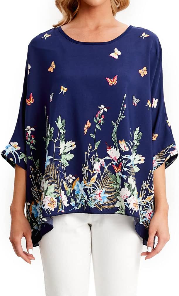 Joyce - Women's Sheer Floral Batwing Sleeve Oversized Off-Shoulder Tunic Blouse